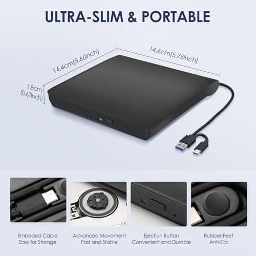 Hcsunfly External CD/DVD Drive for Laptop, Type-C CD/DVD Player USB 3.0 Portable Burner Writer Reader Compatible with Mac MacBook Pro/Air iMac Desktop Windows 7/8/10/XP/Vista (Black) — view 5