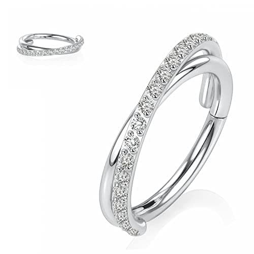 Yrogcu 316L Stainless-Steel Seamless Double-Ring Hinged Nose-Hoop With CZ 18G 8mm Lip Ear Cartilage Clicker Septum Eyebrow Daith Rook Tragus Segment Earrings