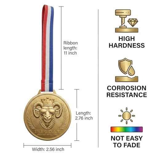 Freetoes Gold Goat Medal - 3 Inch Champion Pendant with Award Ribbon,Greatest of All Time Awards Chain for Football, Basketball,MVP,Tournaments & Champions League Winners Trophy Gifts 3