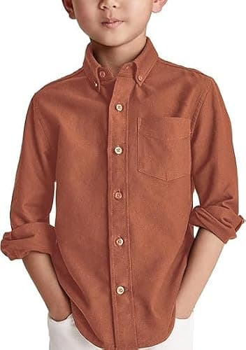 Haloumoning Boys' Long Sleeve Dress Shirts Classic Collared Button-Down Tshirt Solid Cotton Top with Chest Pocket, Brown, 6-7 Years