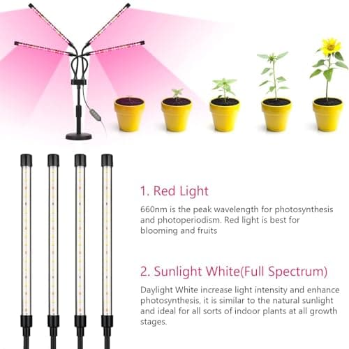 Grow Lights for Indoor Plants, Four Head LED Grow Light with Full Spectrum & Red White Spectrum for Indoor Plant Growing Lamp, 4/8/12H Timer, Adjustable Gooseneck, 3 Switch Modes