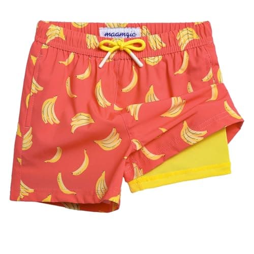 maamgic Boys Swim Trunks with Compression Liner Toddler Stretch Quick Dry Swim Shorts Quick Dry 2 in 1 Beach Shorts,Bananas Orange,2T