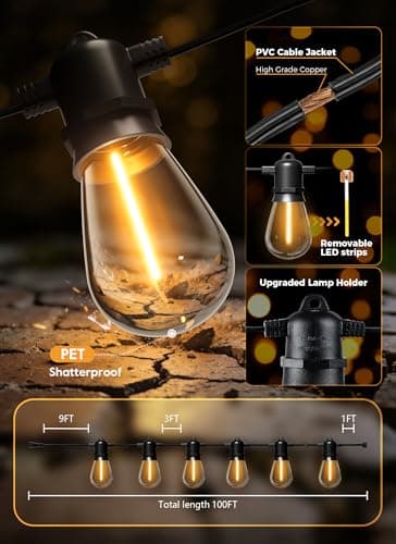 Minetom 100FT Solar-String-Lights-Outdoor-Waterproof, 31+2LED S14 Shatterproof Bulb, Patio Lights with Remote Type-C Port Timable, 3 Light Modes Dimmable Solar String Lights for Outside, Yard, Camping — view 4
