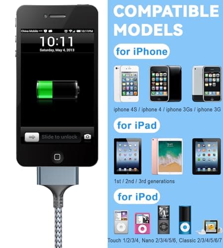 Herfair 2Pack USB to 30 Pin Charger Cable Nylon Braided USB Charging Cord Compatible with iPhone 4/4s/3G/3GS & iPad 1 2 3 & iPod Touch 4 3 2 1 Classic/Nano 2 3 4 5 6 (3FT)