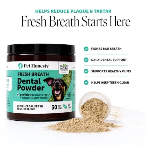 Dog Breath Freshener Dental Powder - Teeth Cleaning Plaque Off + Tartar Remover for Dogs - Care Supplement Food Topper with Kelp, HMP + Postbiotics for Healthy Gums - Mint Flavor (30 Servings) — view 2
