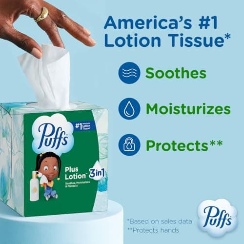 Puffs Facial Tissues Plus Lotion, 1 Cube Box, 48 Facial Tissues per Box, Allergies and Colds (Packaging May Vary) — view 2