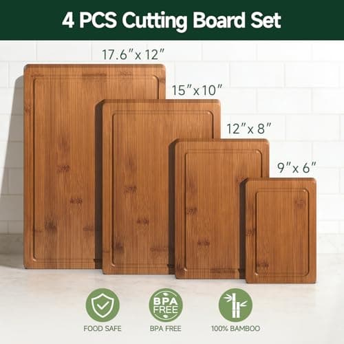 Zeawec 4-Piece Set Deep-Carbonized Bamboo Cutting Board for Kitchen - Crack-Resistant Wood Chopping Boards with Deep Juice Grooves, Pre-Oiled Butcher Block for Meat, Vegetables & Cheese, Carbonized
