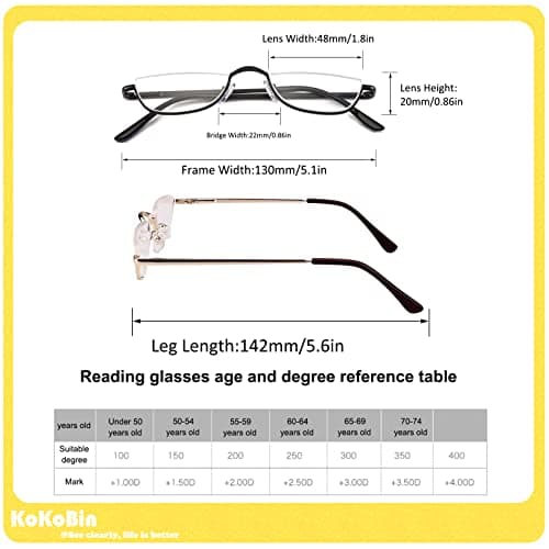 Half Reading Glasses 2 Pairs Half Rim Metal Frame Glasses Spring Hinge Readers for Men and Women, Black+Gold 2.50 — view 5