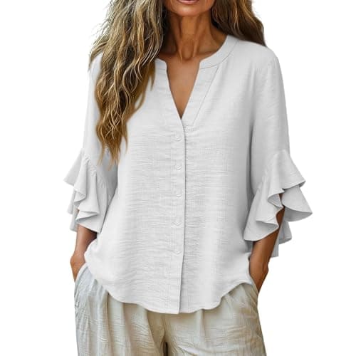 3/4 Ruffle Sleeve Cotton Linen Shirts for Women Dressy V Neck Beach Tunic Tops Elegant Summer Casual Work Blouses White — view 4