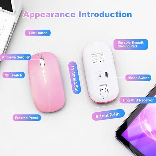 AZTZATZ Wireless Bluetooth Mouse Rechargeable Long Lasting Dual Mode - BT 5.2 & 2.4G Silent RGB LED Mice, Slim Portable Ergonomic Mouse for Laptop/PC/Tablet/MacBook/iPad/Apple Devices(Pink) — view 3