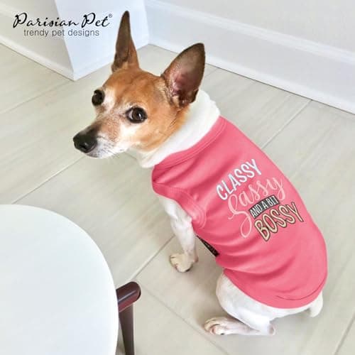 Parisian Pet Dog T-Shirt with Embroidered 'Classy, Sassy and Bit Bossy' Words - 100% Cotton, Pink Dog Shirt - Cute Pet Vest - Machine Washable Dog Clothes for Medium-Sized Dogs - M — view 3