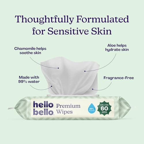 Hello Bello Premium Wipes, Designed for Sensitive Skin with Chamomile & Aloe Extracts, Simply Sage (12 Resealable Packets = 720 Total Wipes)