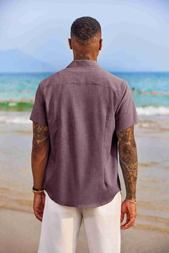 COOFANDY Men's Button Down Shirts Short Sleeve Casual Shirts Summer Beach Shirts Vacation Wedding Shirts with Pocket Red — view 5