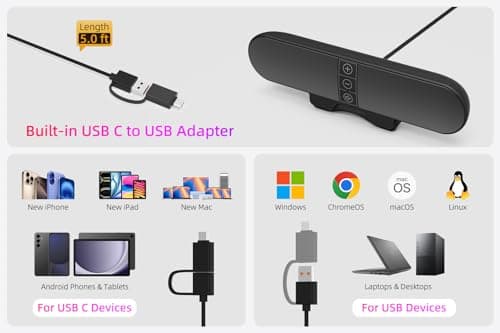 Computer Speakers for Desktop PC Monitor, USB Plug-in, Wired, Computer Soundbar for PC, Laptop Speakers with Adaptive-Channel-Switching, Loud Sound, Deep Bass, USB C Adapter, Easy to Clip on Monitor — view 2