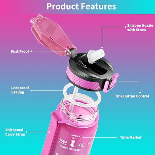 QLUR Water Bottle with Straw, 32oz Motivational Water Bottles with Time Marker to Drink, Tritan BPA Free, 1L Sports Water Bottle with Carry Strap LeakProof for Women Gym Fitness Outdoor (1 Pack) — view 4