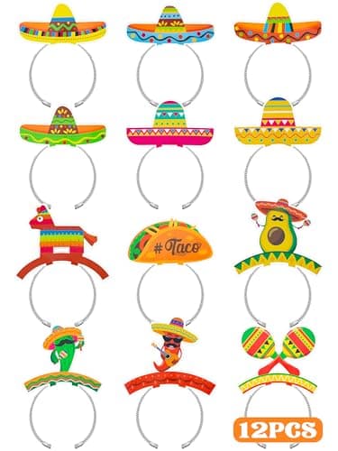 12 PCS Colorful Patterned Cardboard Sombrero Hats, Fiesta Headbands for Mexican Theme Celebration Party Favors