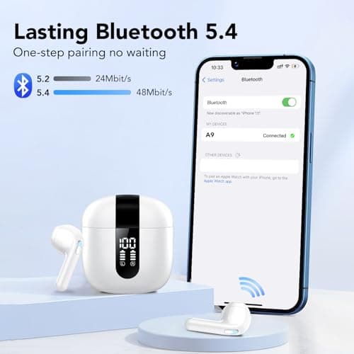 Wireless Earbuds, Bluetooth 5.4 Headphones, HiFi Stereo with 4 ENC Noise Cancellation in-Ear Bluetooth Earbuds, 50H Playback, LED Display, Touch Control, IPX7 Waterproof Ear Buds, Off White — view 2