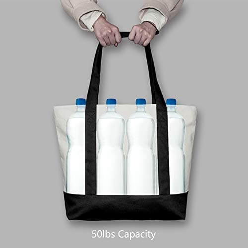 TOPDesign 1 | 3 | 6 | 30 Pack Canvas Tote Bag with an External Pocket, Reusable Grocery Shopping Bag, Top Zipper Closure, Daily Essentials (Black/Natural Pack of 1) — view 5