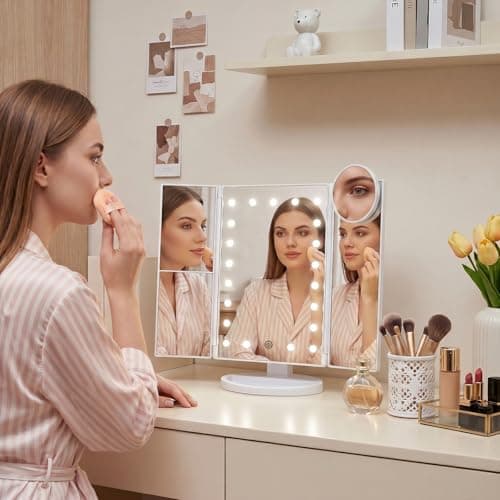 HUONUL Makeup Mirror, Vanity Mirror with Lights, 2X/3X/10X Magnification, Touch Control, Trifold, Dual Power Supply, Birthday Gifts for Women, Wife, Mom, Girls,Dorm Room Essentials — view 4