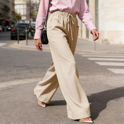 Women Linen Pant Casual Drawstring Wide Leg Palazzo Pants High Waisted Summer Beach Vacation Slacks with Pockets Beige — view 5