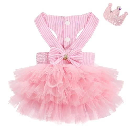 SIMCAPY XXS Dog Clothes Girl, Female Dog Dresses for Small Dogs Girl, Pink Dog Tutu Dress, Sweet Puppy Princes Skirt with Dog Bowknot Clips, Spring Summer Pet Apparel for Toy Poodle Chihuahua Yorkie