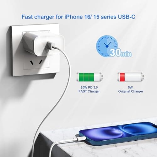 10ft Cable for Apple iPhone 16 15 Pro Max Charger Fast Charging iPad AirPods 4 (USB-C), 20w Type C Blcok 10-ft Long USB C to C Cord White 1Pack
