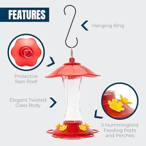 MEKKAPRO Hummingbird Feeders for Outdoors Glass - Red Hummingbird Feeders for Outdoors, Metal Ring, Bee-Proof Design, Easy Assembly, Red Hummingbird Feeder (Modern, 10oz) — view 2