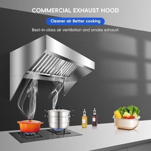 Garvee 8FT Commercial Exhaust Hood, 201 Stainless Steel Rust Resistant Vent Hood with 4 Detachable U-Shaped Oil Filter Mesh, Commercial Grade for Kitchen/Restaurant/Food Truck/Concession Stand