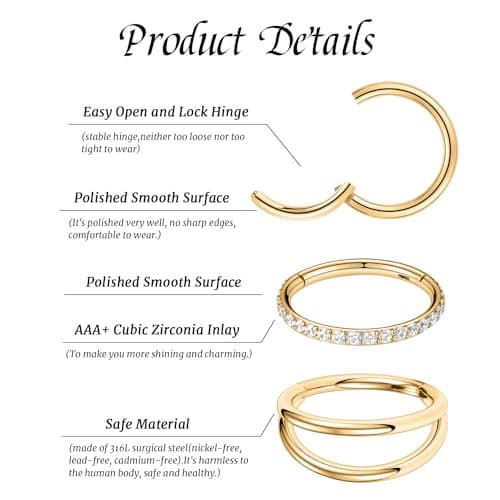 20g Nose Ring Hoop Earrings Gold Nose Hoops with CZ Lip Rings Double Hoop Septum Hoop Seamless Septum Clicker 10mm Septum Ring Cartilage Helix Rook Earrings Conch Piercing Jewelry Surgical Steel — view 2
