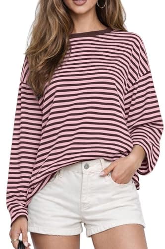 CHYRII Women Oversized Striped Long Sleeve T Shirts Fashion Casual Fall Spring 2026 Y2K Tops (Pink+Coffee M)