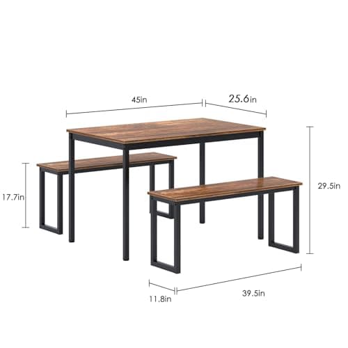 SDHYL Dining Table Set, Kitchen Table with 2 Benches, Space Saving Kitchen Dining Table Set for Living Room, Kitchen Room, Dining Room, Restaurant, Rustic Brown, 44.9 Inches