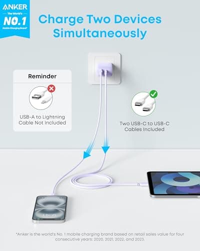 Anker iPhone Charger, 2-Pack 20W Fast USB C Charger Block, Type C Charger Fast Charging for iPhone 17/17 Pro Max/16 Series/iPad Pro and More (Purple, 2 Pack & 2 Cable)