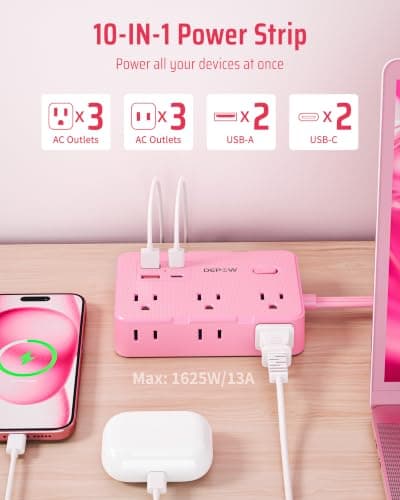 DEPOW Pink Power Strip, 5FT Extension Cord with 6 AC Outlets（1625W/13A 4 USB Ports (2 USB C), 1050J Surge Protector, Flat Plug Wall Mountable Charging Station for Dorm Room Desk Bedroom Kawaii Decor