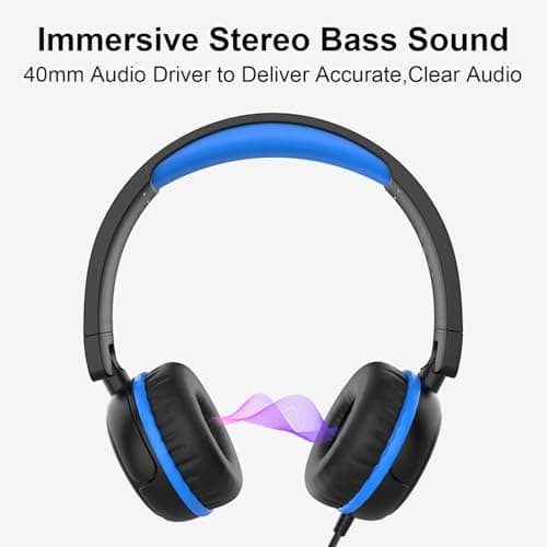 IMYB V1 Kids Headphones, Wired Stereo Foldable Tangle-Free 3.5mm Adjustable On-Ear Headphones for Kids for School/Toddlers/Childrens/Teens/Boys/Girls/Ipad/Tablet/Kindle/Phones/Travel/Plane (Black) — view 2