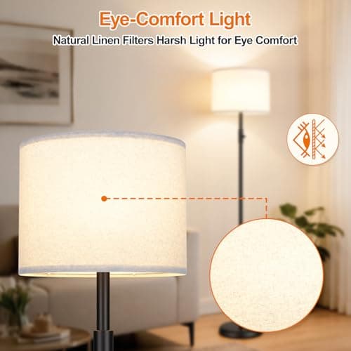 【Upgraded】 Dimmable Floor Lamp for Living Room,1000 Lumens Bulb Included, Modern Floor Lamps Simple Design with Linen Shade, Tall Standing Lamp for Bedroom Office Dining Room, Black Pole Lamp — view 4