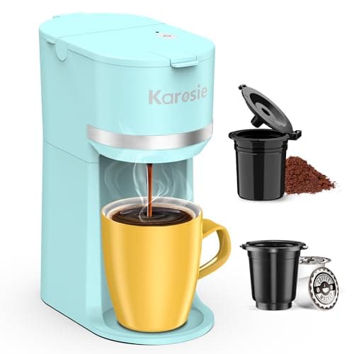 Karosie Single Serve Coffee Maker for K-Cup and Ground Coffee, Fast Brew, 6-12 oz Brew Sizes One Cup Coffee Machine Fits 5.5" Mugs, One-Button Small Coffee Maker with Descaling Reminder, Light Blue