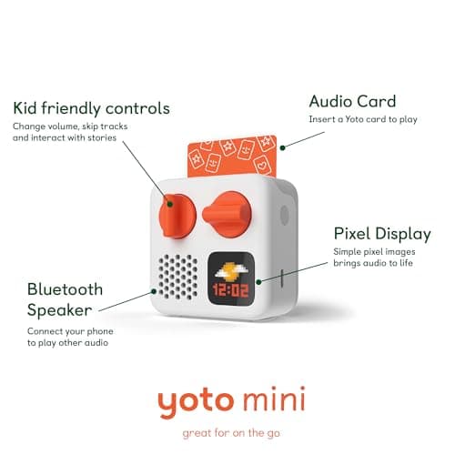 Yoto Mini (2024 Edition) + Make Your Own Card – Kids Screen-Free Bluetooth Audio Player, All-in-1 Travel Device Plays Stories Music Podcast Radio Ok-to-Wake Clock, Use as Speaker or with Headphones