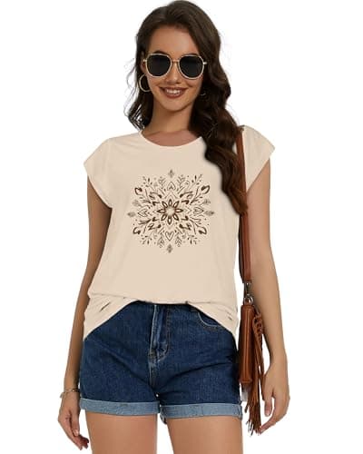 ADOREJOY Womens Cap Sleeve T Shirts Summer Tops Casual Crew Neck Loose Fit Tee Blouse（Apricot Floral，S） — view 3