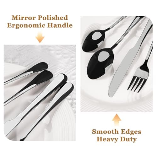 Astercook 24-Piece Black Silverware Set with Steak Knives Flatware Set for 4 Food-Grade Stainless Steel Cutlery Set Mirror Polished Utensils Set Include Spoons and Forks for Home Kitchen Restaurant — view 3