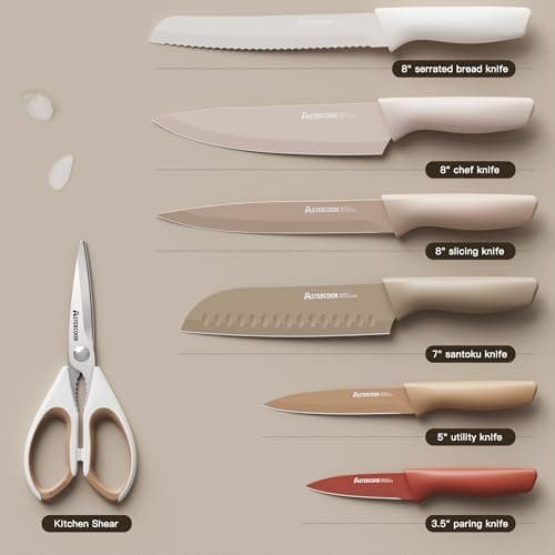 Astercook Knife Set, 13 Pieces Kitchen Knives Set with Healthy Anti-Rust Coating, Dishwasher Safe, Stainless Steel Chef Knife Sets with 6 Blade Guards, Fathers Day Gift for Men — view 4