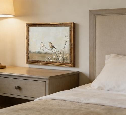 Vintage Gold Framed Bird Wall Art Spring Songbird on Floral Branch Painting Canvas Rustic Nature Woodland Picture Wall Decor Muted Farmhouse Print Artwork For Living Room Bedroom Entryway — view 8