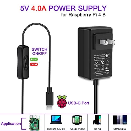 iUniker 5V 4A USB-C Power Supply for Raspberry Pi 4, 20W Charger with ON/Off Switch, 5ft Cable, UL Listed - Compatible with Pi 4 Model B (8GB/4GB/2GB/1GB) & Orange Pi 5/5B — view 2