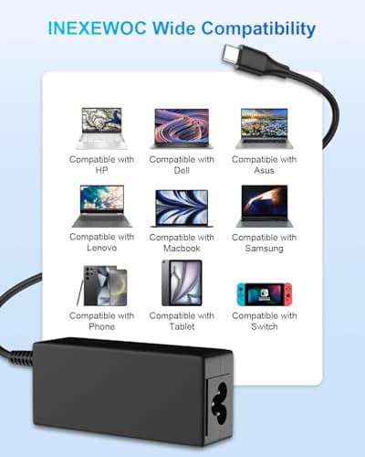 INEXEWOC USB C Laptop Charger 45W Compatible with hp chromebook/Spectre X360, Lenovo ThinkPad/Yoga, Dell Chromebook/Latitude, Acer, Asus, Samsung, Google Series Universal Chromebook Type C Power Cord — view 2