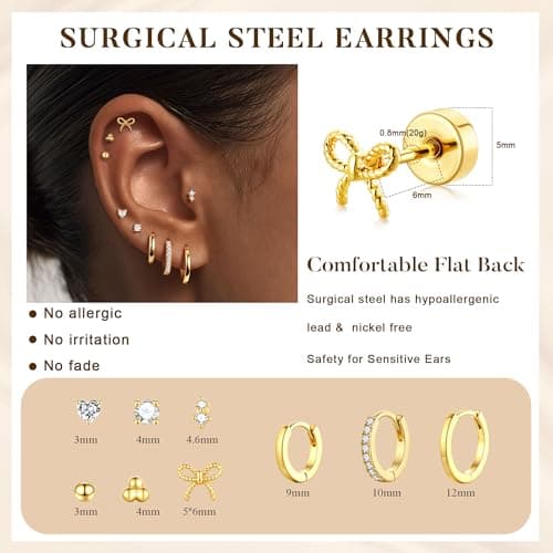 M MOOHAM Hypoallergenic Flat Back Earring Stack for Women Teen Girls, 14K Gold Plated Small Huggie Hoop Earrings Trendy Dainty Gold Cartilage Stud Earring Stacks Set Jewelry Gifts for Women Girls — view 5