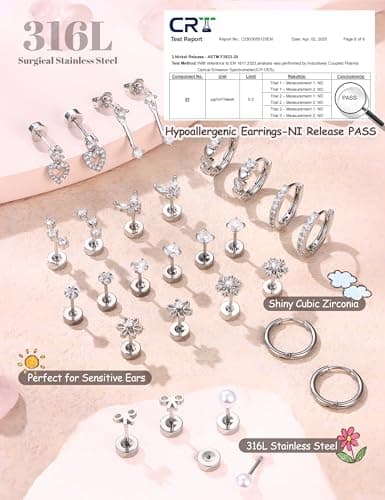 LOLIAS Hypoallergenic Flat Back Earrings for Women Girls-Surgical Stainless Steel Earrings for Sensitive Ears-Cute Flatback Stud Earring Set Small Hoops Cartilage Earring Stacks Silver CZ Age Over 4 Years Old — view 3