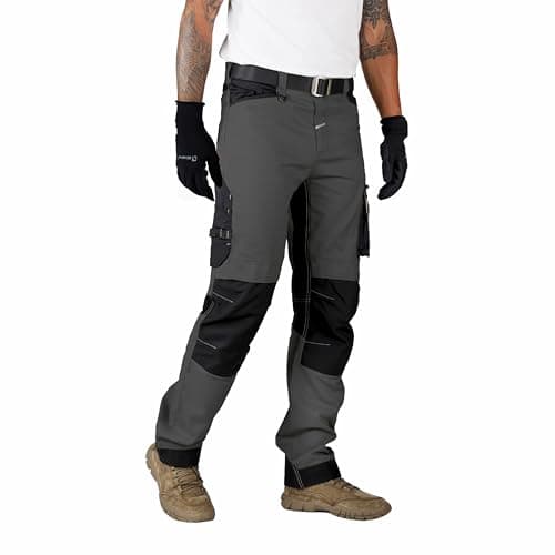 Ellobird Men's Construction Work Utility Pants Relaxed Fit Stretch Flex Cordura Double Knee Reinforcement Carpenter Cargo,(Blackened Pearl,36W x 34L)