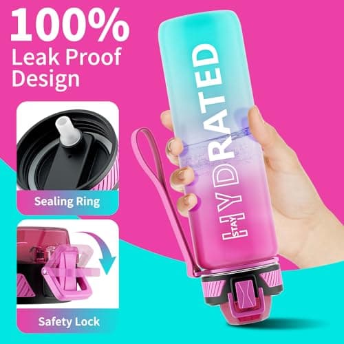QLUR Water Bottle with Straw, 32oz Motivational Water Bottles with Time Marker to Drink, Tritan BPA Free, 1L Sports Water Bottle with Carry Strap LeakProof for Women Gym Fitness Outdoor (1 Pack) — view 3