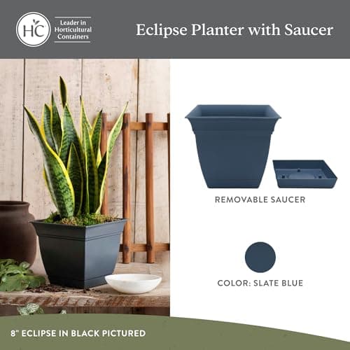 The HC Companies Eclipse Square Plastic Planter w/Attached Saucer - Outdoor & Indoor Plant Pot with Drainage Holes - Lightweight, UV-Resistant Plastic Pots for Plants (10" Slate Blue, Pack of 2)