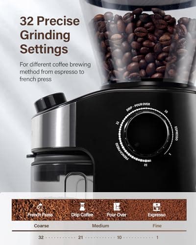 SHARDOR Electric Burr Coffee Grinder, 32 Grind Settings, Compact Flat Burr Mill with Adjustable Timer for Home Use, 120V 200W, Chamber, Hopper, Cleaning Brush — view 2