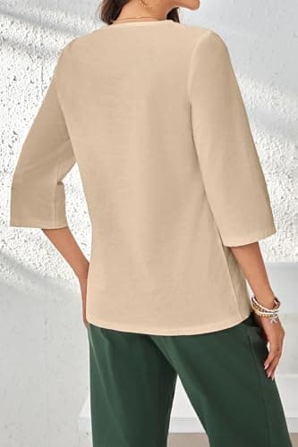 SHOLOW Women Cotton Linen Blouses Dressy Casual 3/4 Length Sleeve Womens Tops Button Down V Neck T Shirt Khaki — view 4